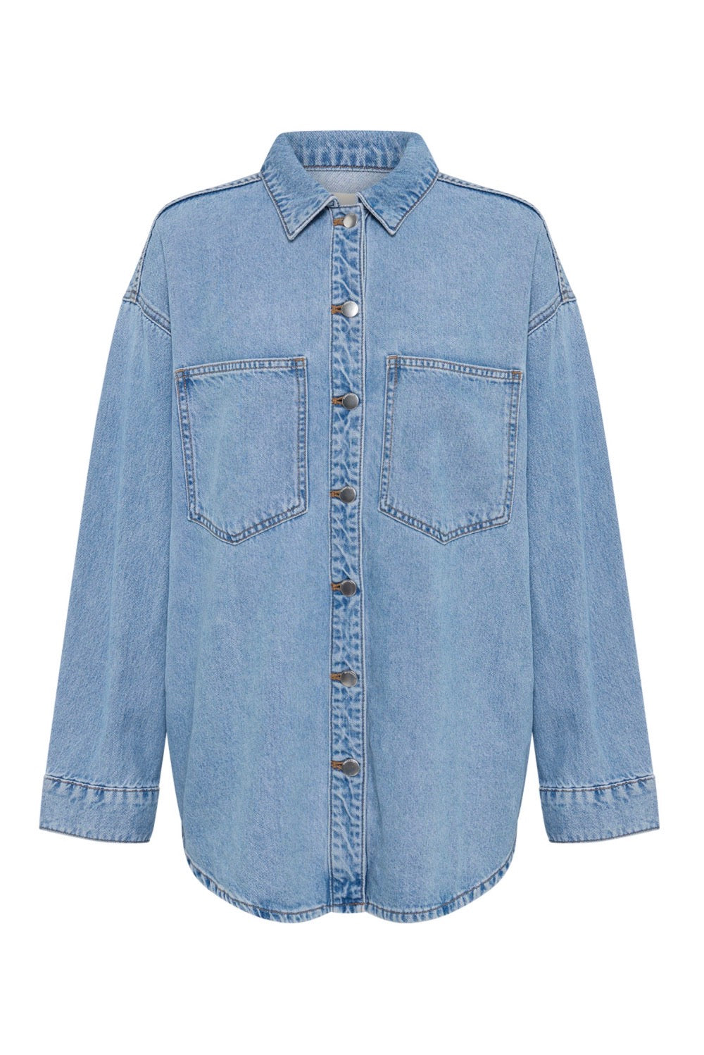 Light blue oversized denim shirt with front buttons and chest pockets, women's fashion