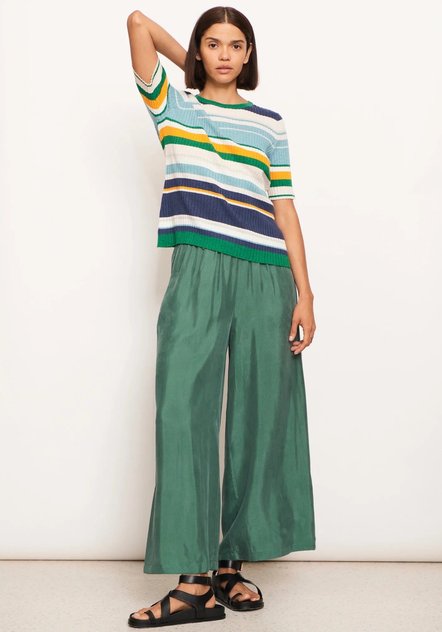 POL Clothing Lido Multi Knit Tee in Green Multi Stripe