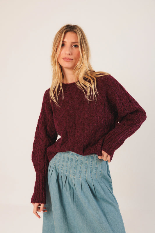 Burgundy cable knit sweater paired with light blue pleated denim skirt for women's fashion