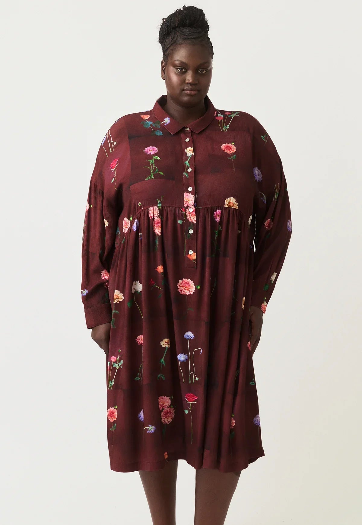 Plus size burgundy floral shirt dress with button front and long sleeves