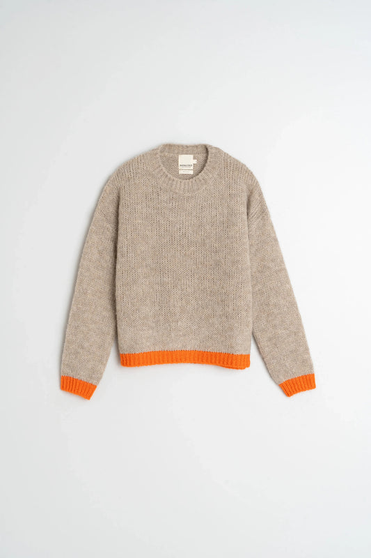 Beige knit sweater with vibrant orange ribbed hem and cuffs, women's fashion