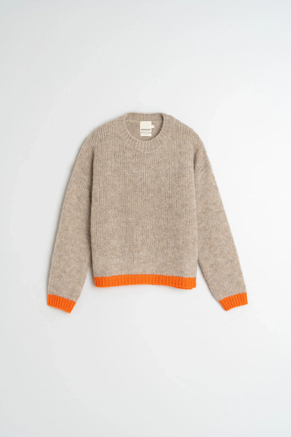 Beige knit sweater with vibrant orange ribbed hem and cuffs, women's fashion