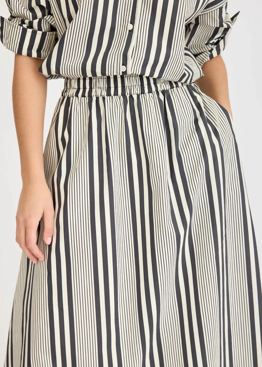 Black and white vertical striped women's shirt and skirt set, The Tartan Fox fashion