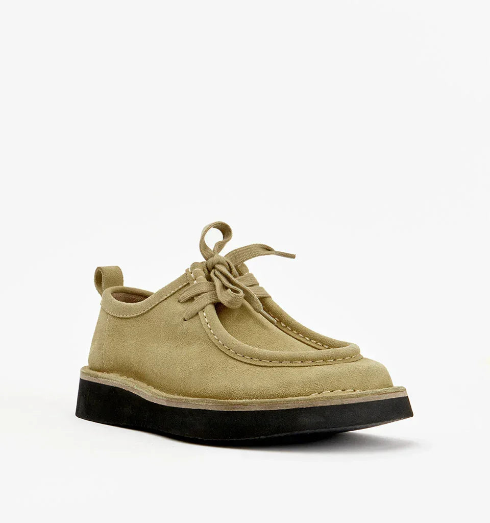 Olive suede lace-up shoe with chunky black sole