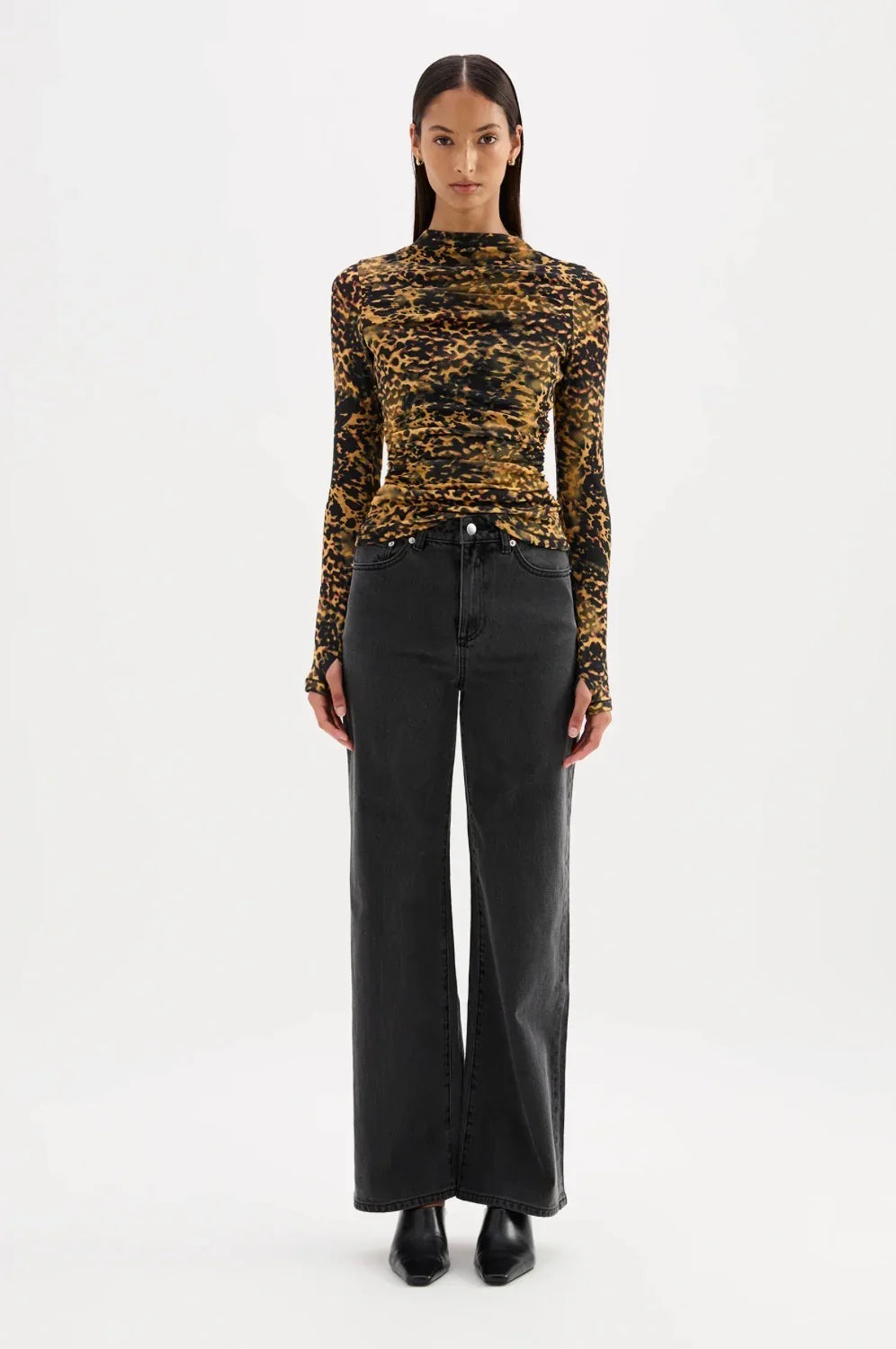 Leopard print long sleeve top with black wide leg jeans, women's fashion outfit