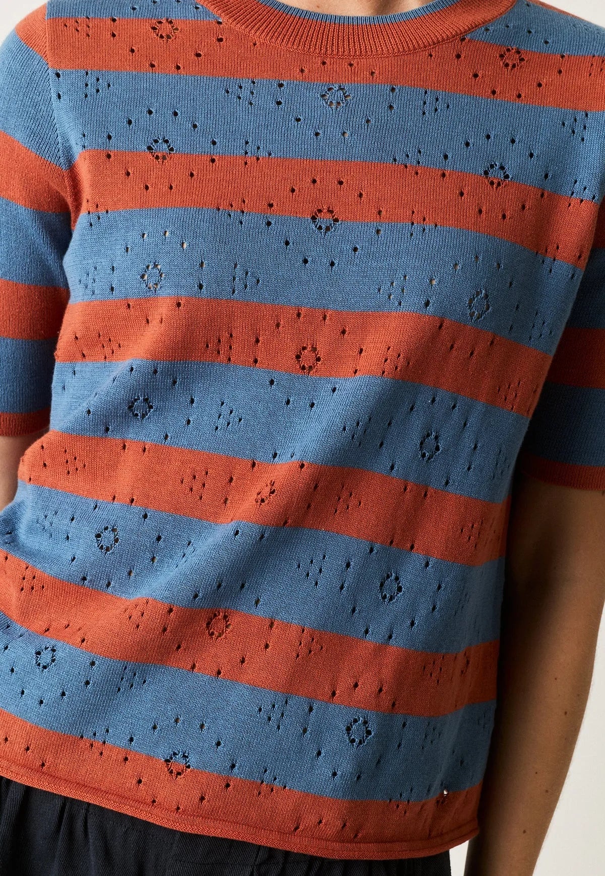 Nancybird Rana Knit Tee in terracotta and blue stripes with pointelle knit details