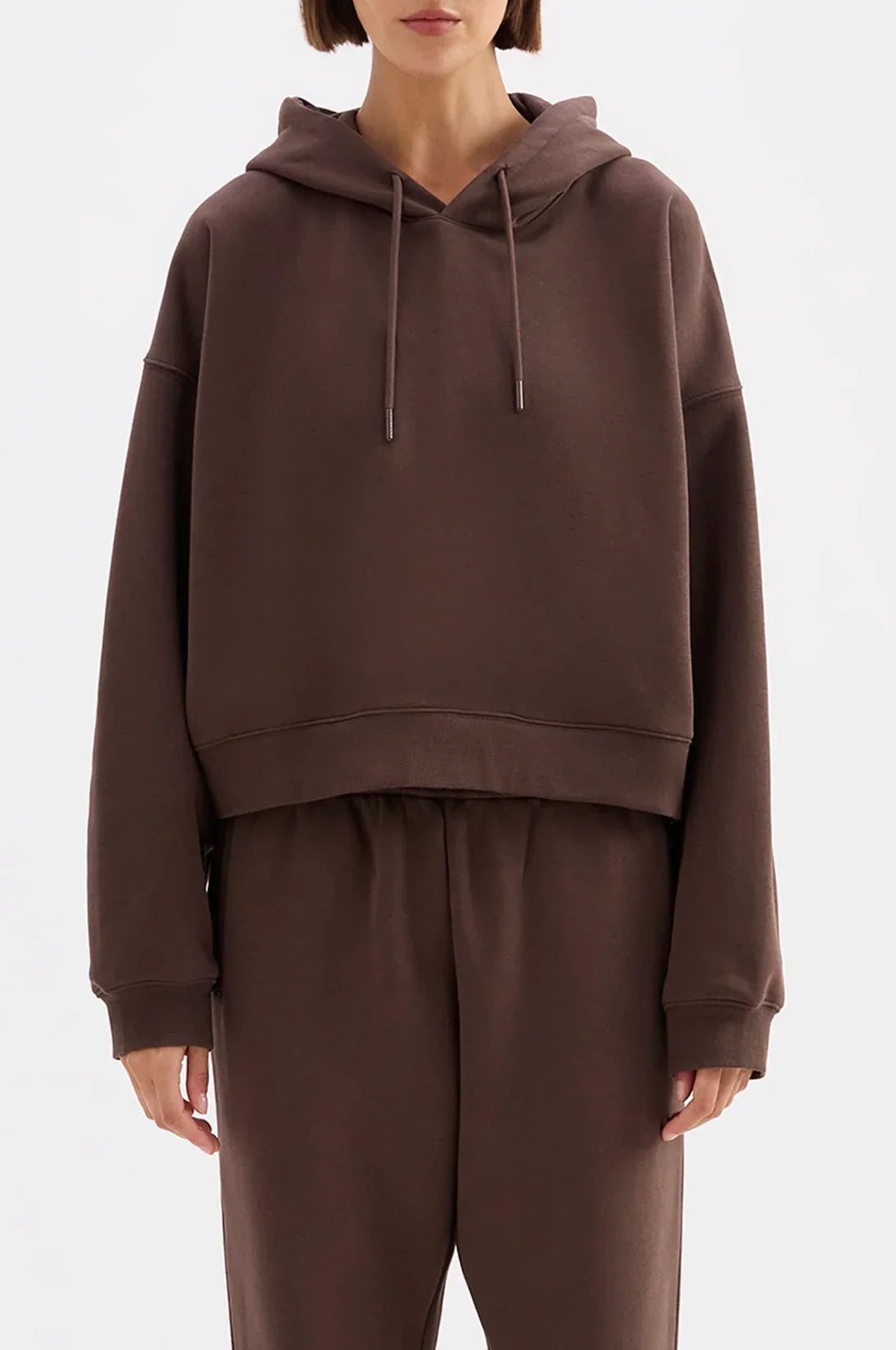 Brown oversized hoodie with drawstring and matching lounge pants, women's casual fashion set