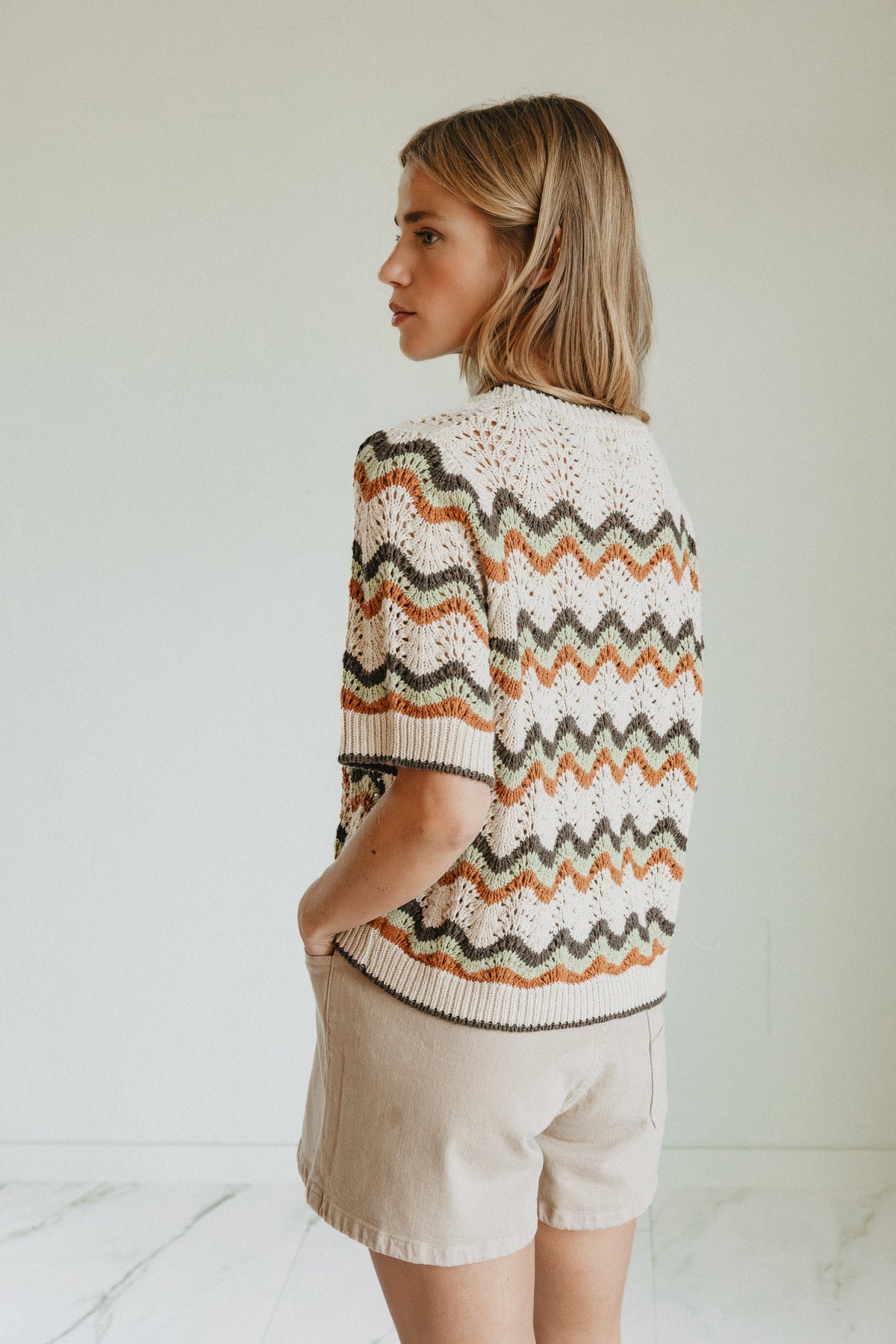 Indi & Cold Zig Zag Crochet Short Sleeve Sweater