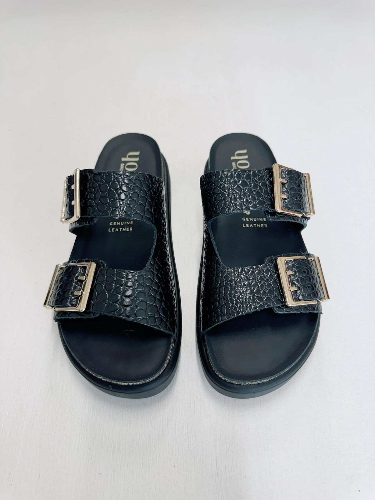 YOKONO Tunez 262 platform sandals in black croc embossed leather with gold buckles
