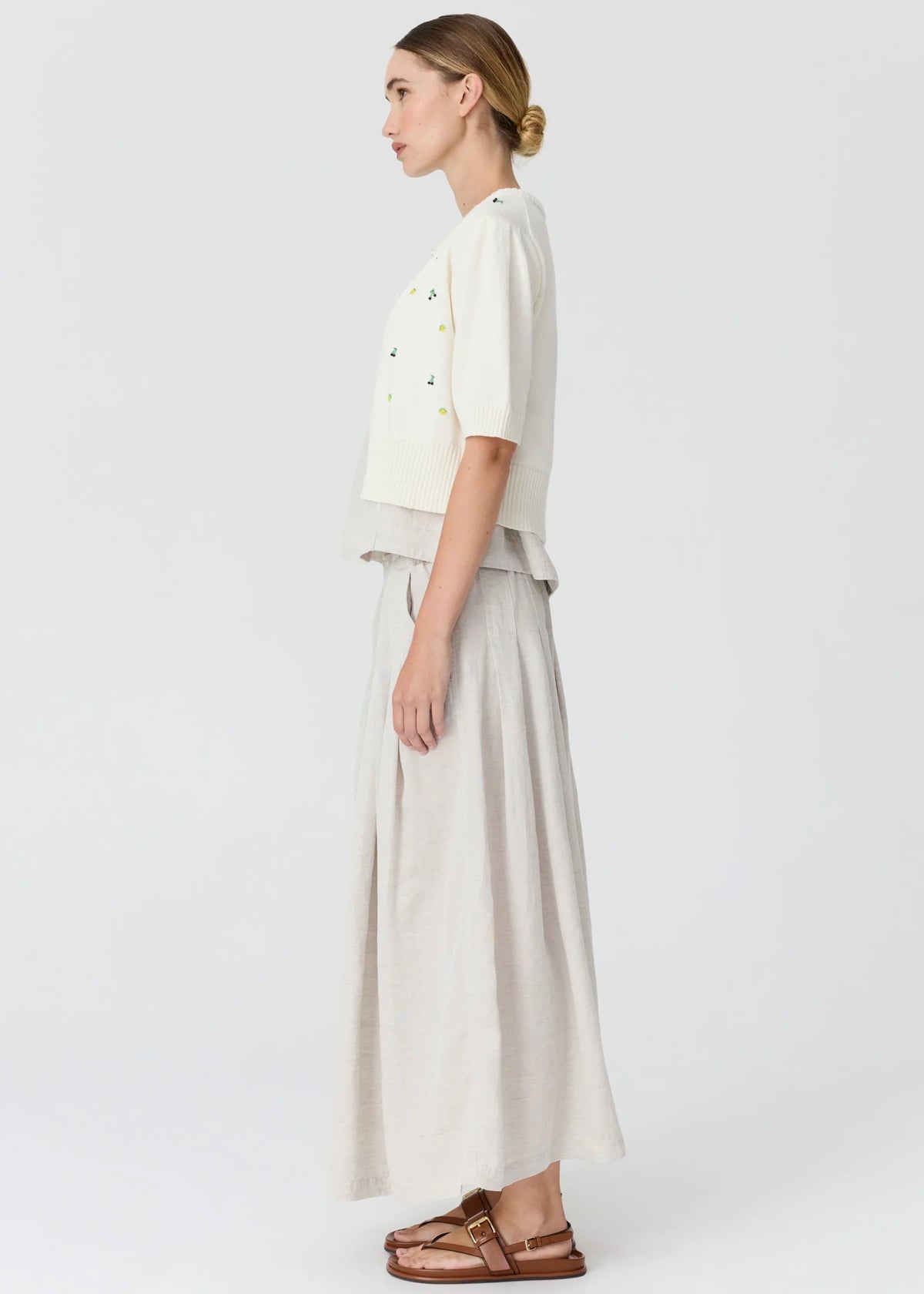 POL Viola Short Sleeve Beaded Cardigan in Chalk