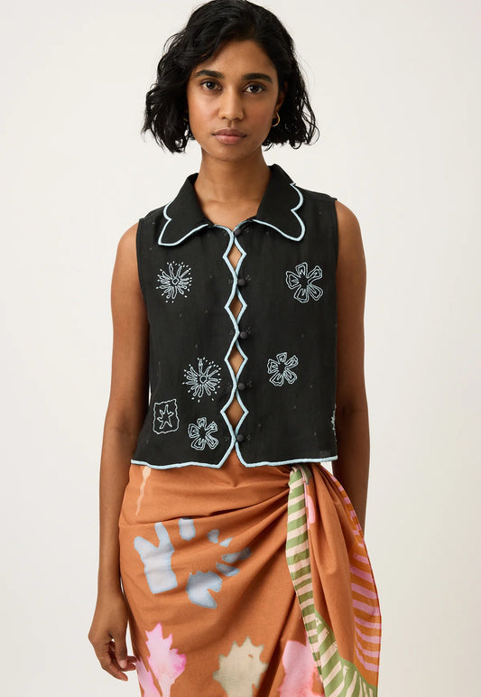 Nancybird Tuva Vest in Charcoal Embroidered