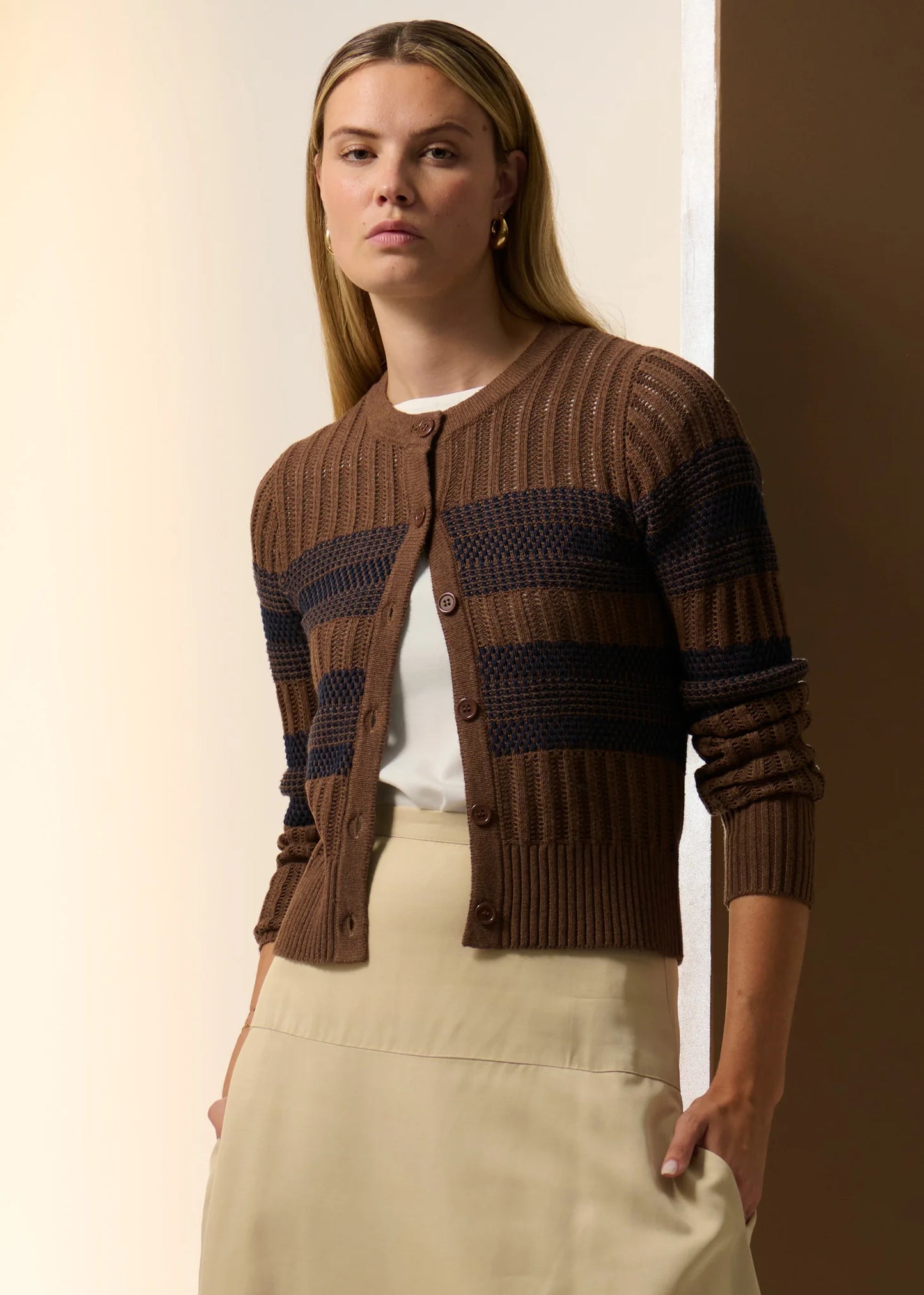 POL Sable Cardigan Striped Choc / Ink