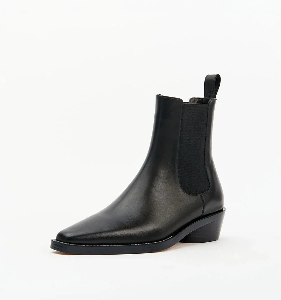 Black leather Chelsea boot with square toe and low block heel, women's fashion footwear
