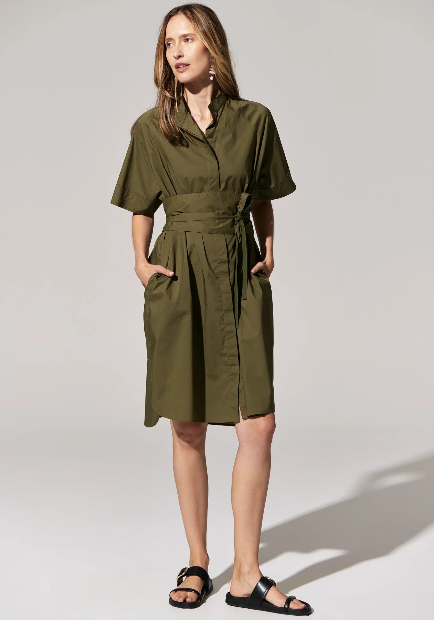 POL Toya Shirt Dress in Khaki