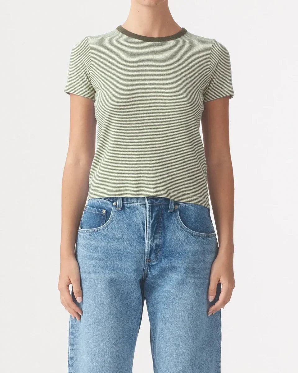 Nobody Denim Baby Tee in Olive Stripe paired with light wash blue jeans