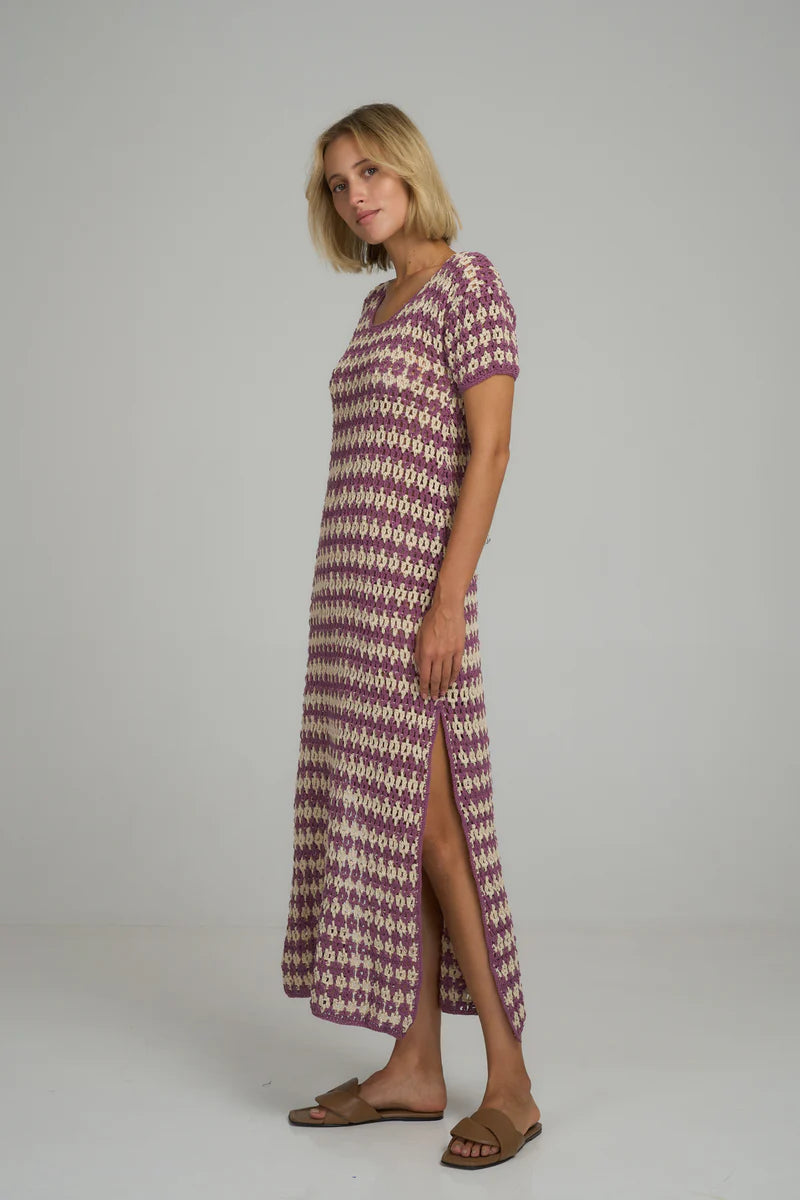 Lilya Vacance Crochet Maxi Dress in Lavender Ivory