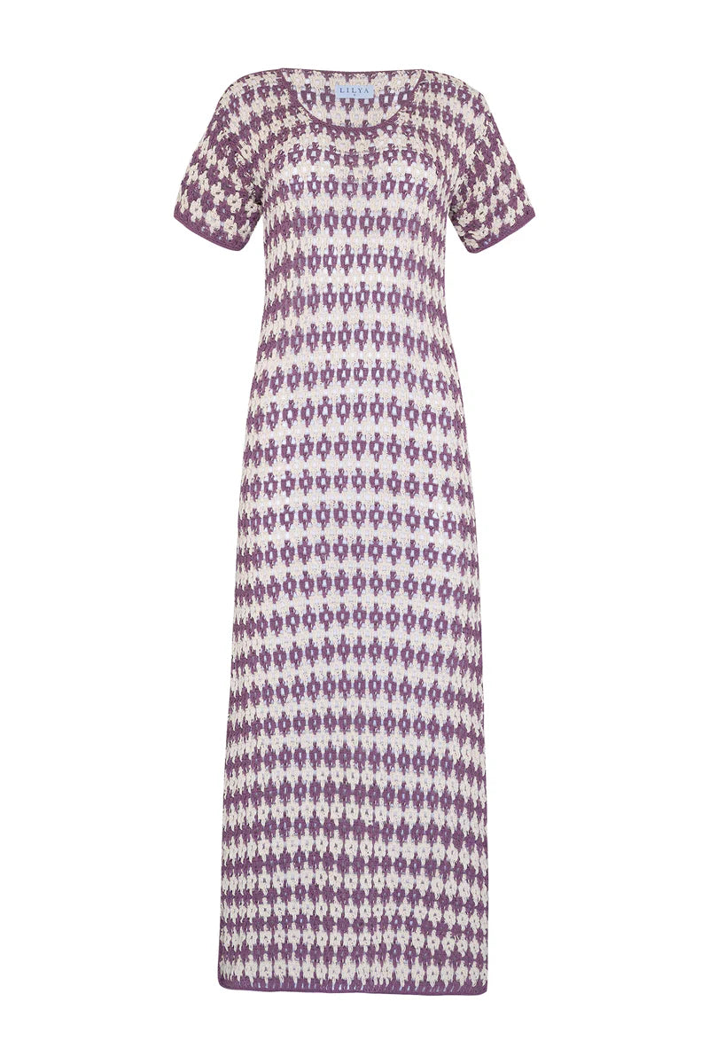 Lilya Vacance Crochet Maxi Dress in Lavender Ivory