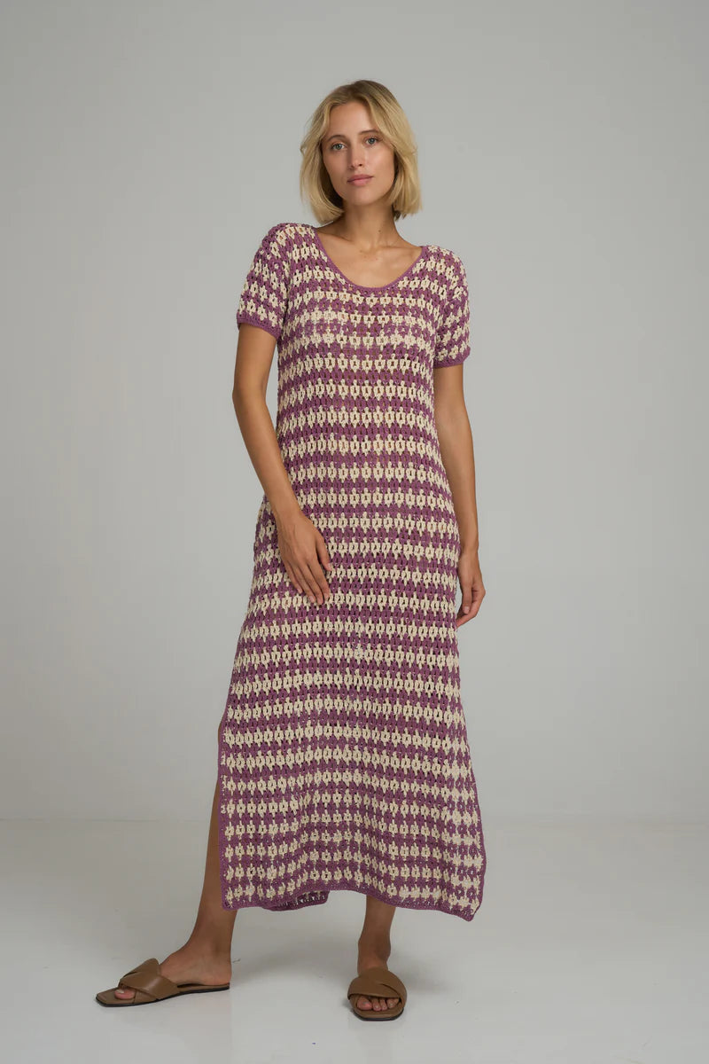 Lilya Vacance Crochet Maxi Dress in Lavender Ivory