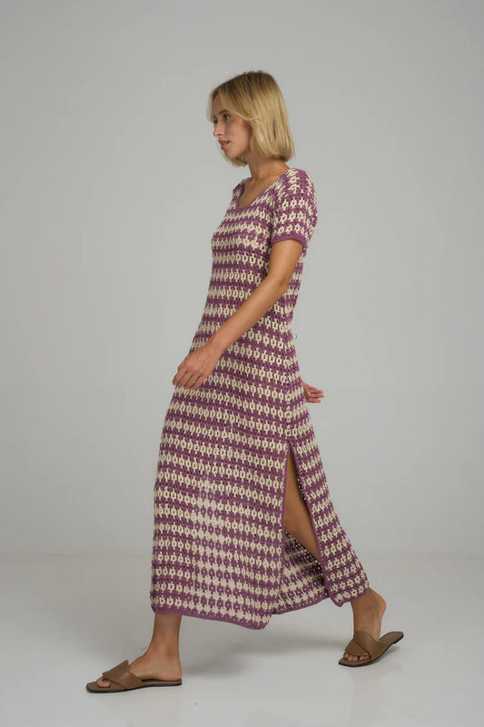 Lilya Vacance Crochet Maxi Dress in Lavender Ivory