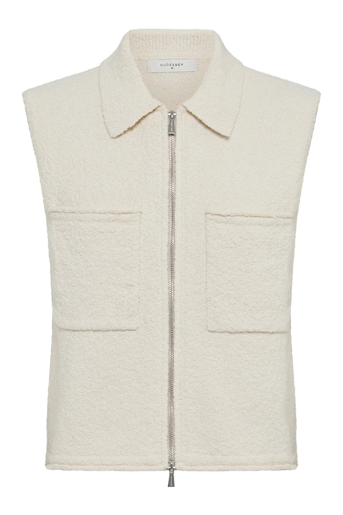 Nude Lucy Riella Knit Vest in Dune with a collar and zip-front closure