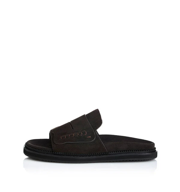Dark brown suede slide sandal with stitched strap and flat sole, women's fashion footwear