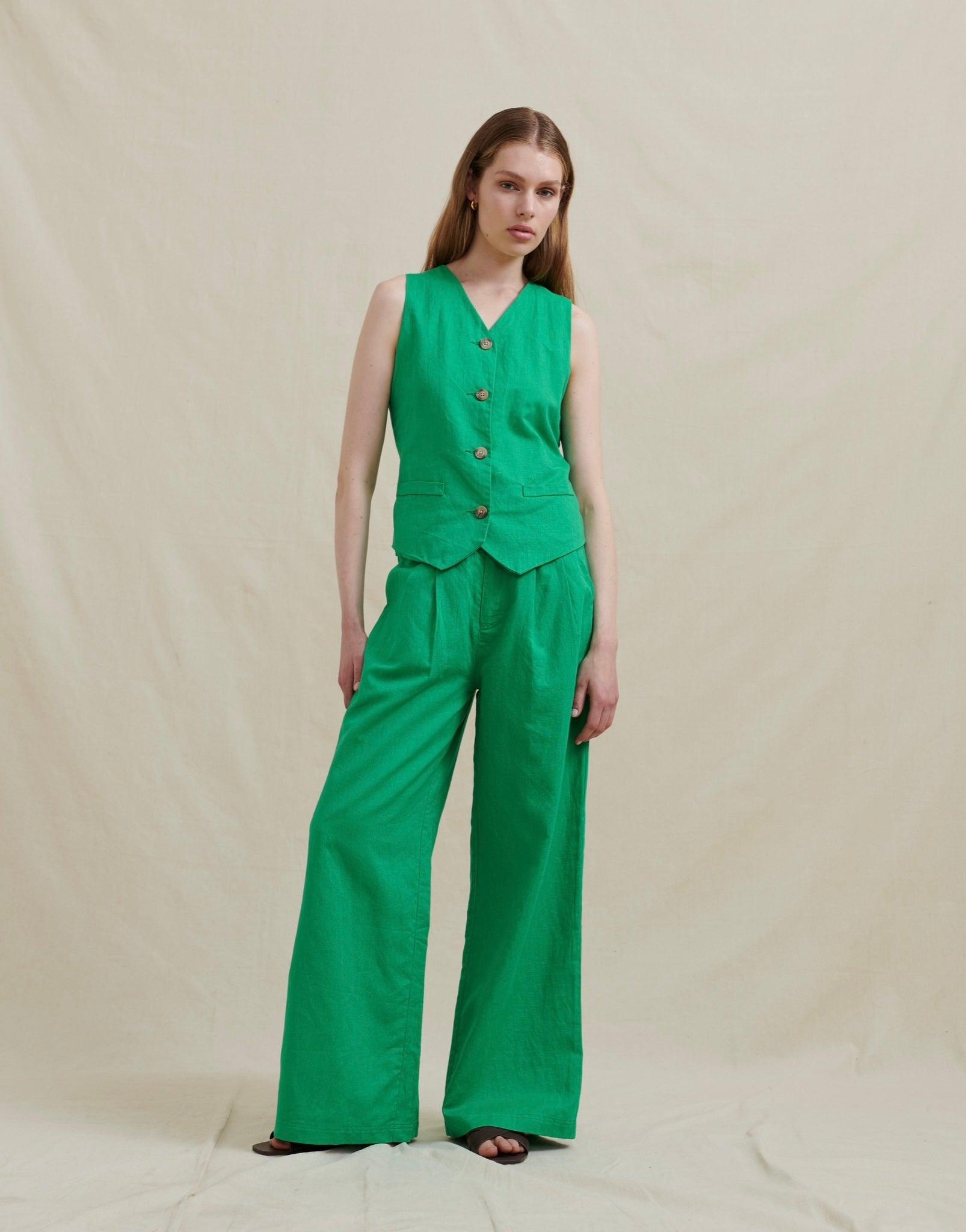 Analia Zig Wide Leg Pant in Green - the tartan fox