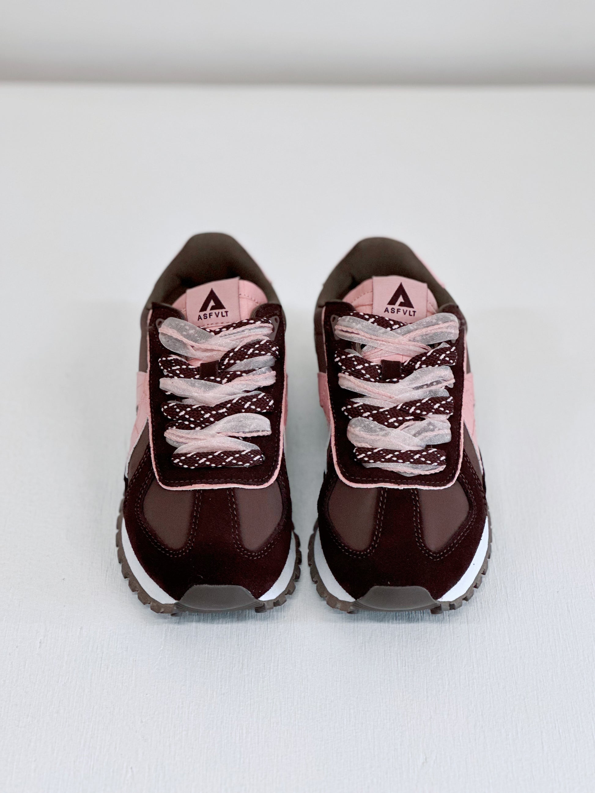 Burgundy and pink ASFLVT sneakers with mesh laces, stylish everyday footwear