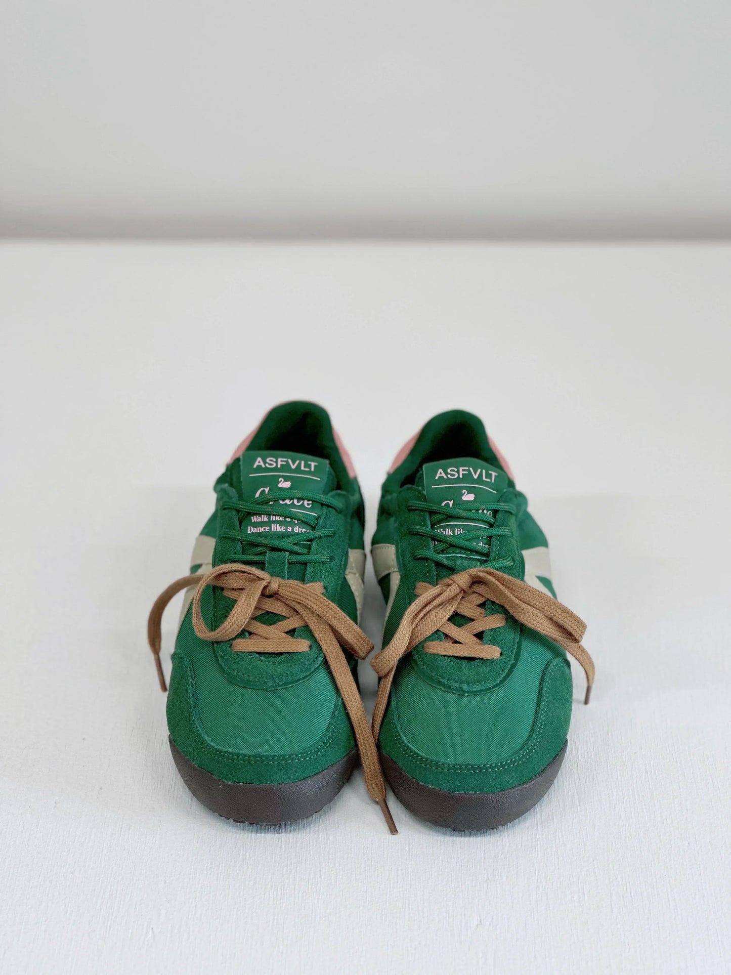 Green ASFLVT sneakers with tan laces, retro style, casual footwear for everyday wear