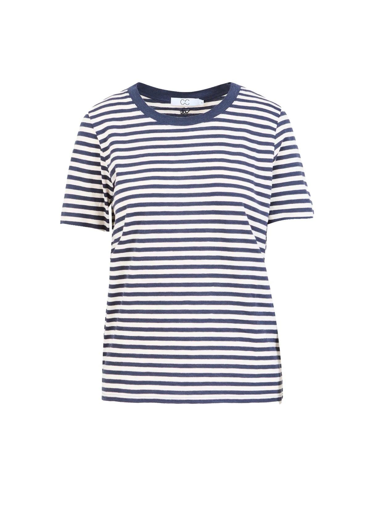 CC Heart Stripe T-Shirt Short Sleeve in Night Sky Blue and Cream - the tartan fox