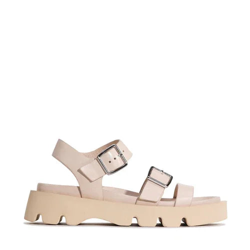 Beige platform sandals with double buckle straps, stylish women's fashion footwear