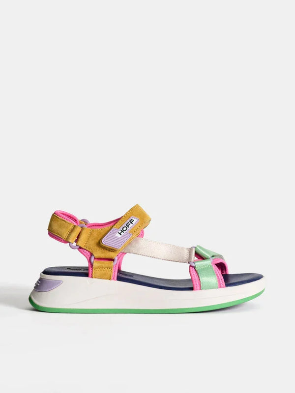 Colorful women's platform sandals with pink, green, and yellow straps, ideal for casual summer wear.