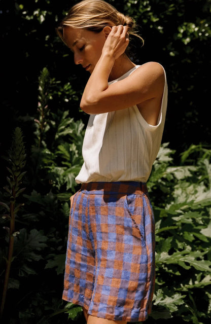 Indi and Cold Retro Vichy Shorts in Azul Klein Check