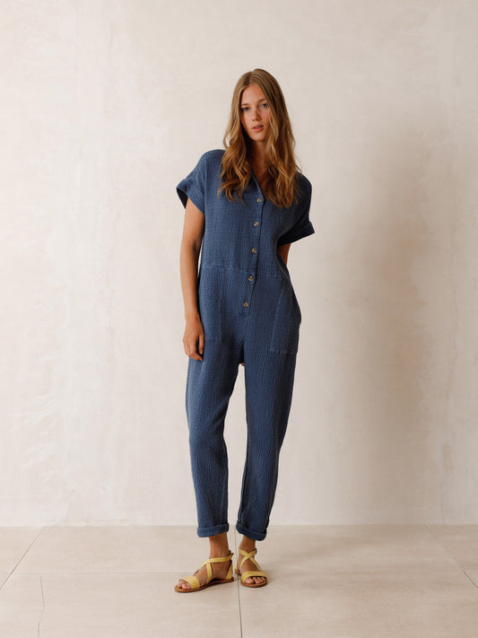 Indi & Cold Rustic Jacquard Jumpsuit in Indigo - the tartan fox