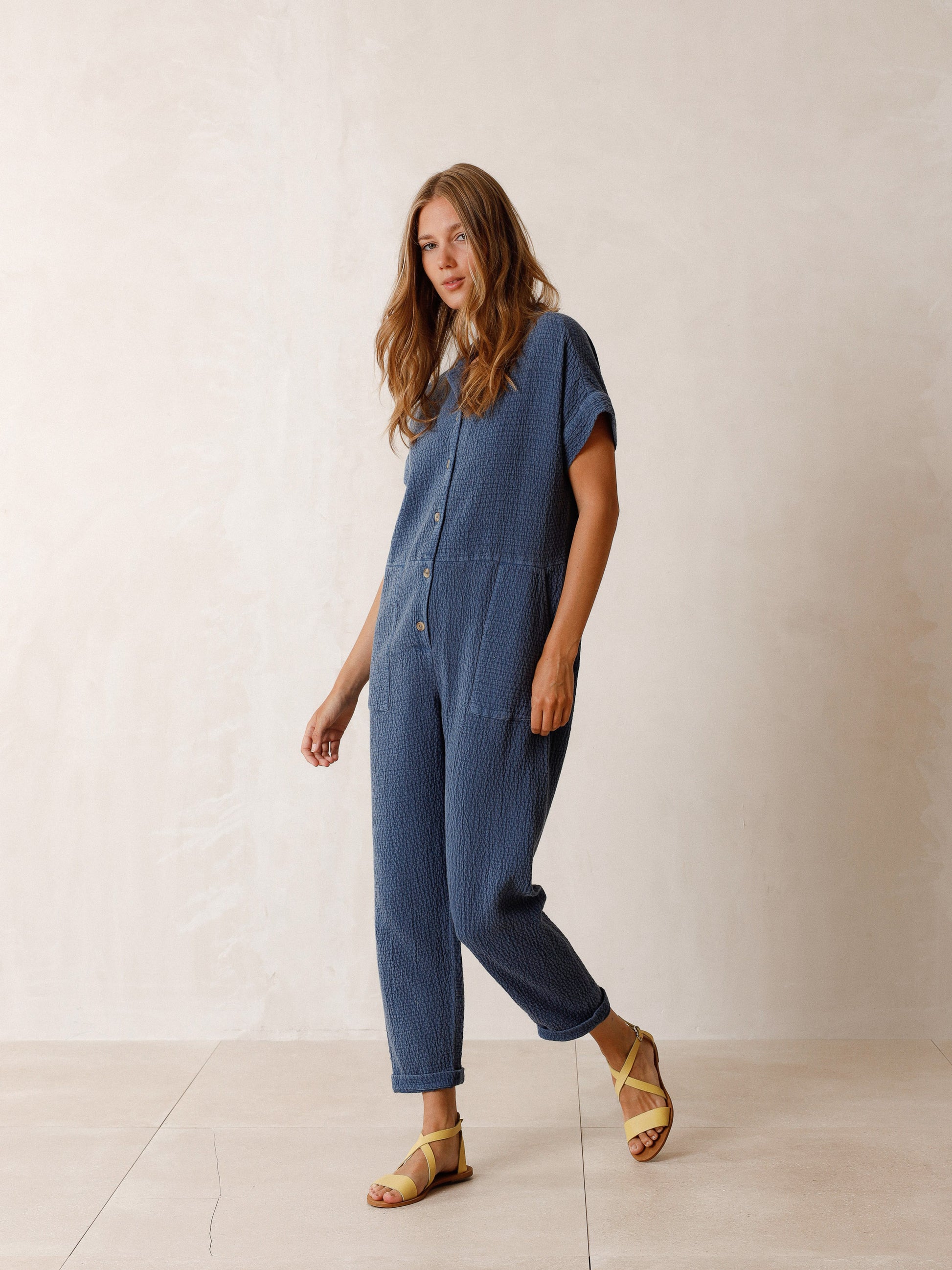 Indi & Cold Rustic Jacquard Jumpsuit in Indigo - the tartan fox