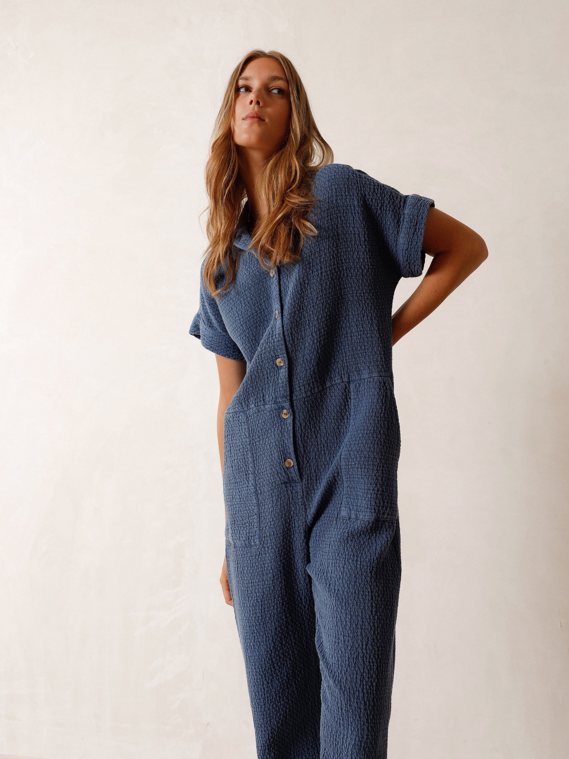 Indi & Cold Rustic Jacquard Jumpsuit in Indigo - the tartan fox