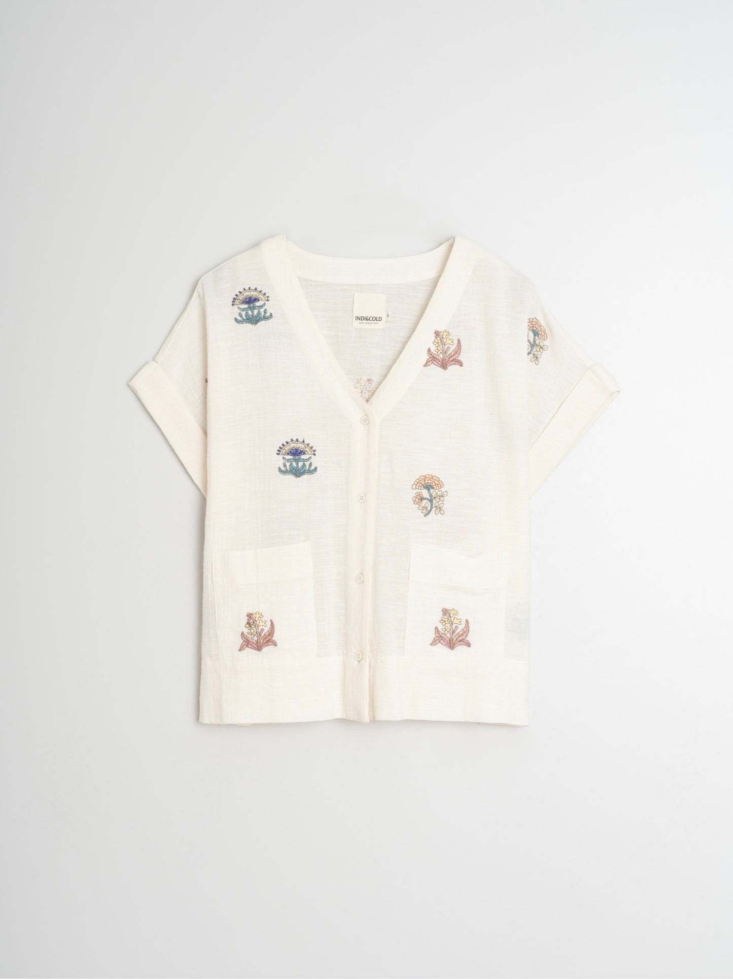 Indi and Cold Short Sleeve Embroidered Shirt in Crudo