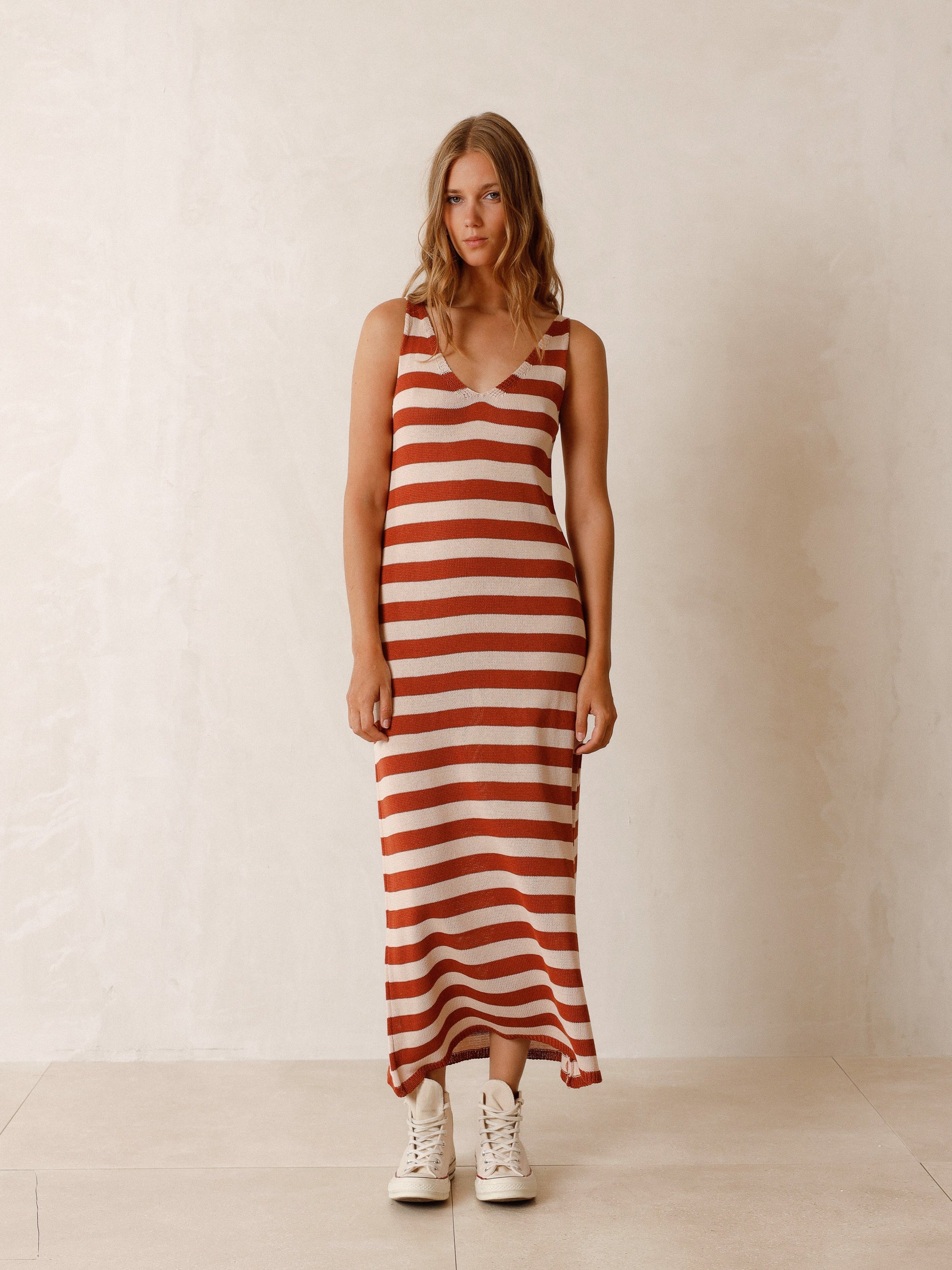 Indi & Cold Striped Knitted Dress In Terracotta Stripe - the tartan fox