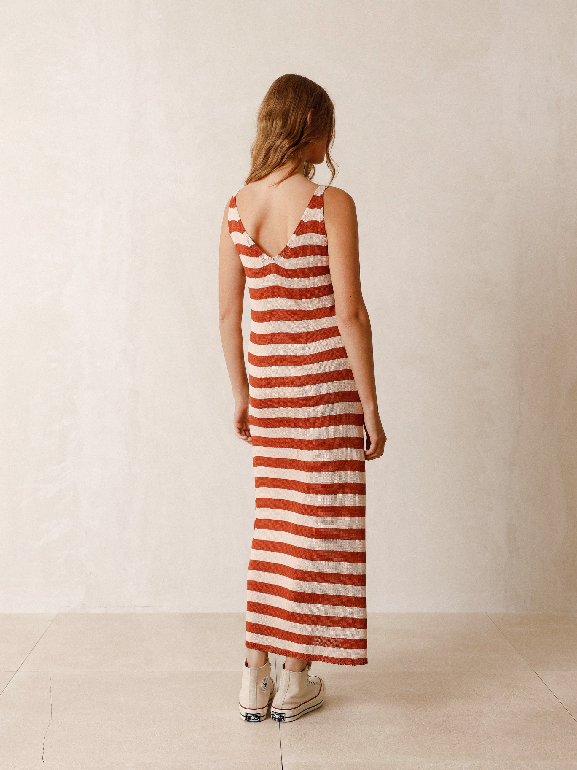 Indi & Cold Striped Knitted Dress In Terracotta Stripe - the tartan fox