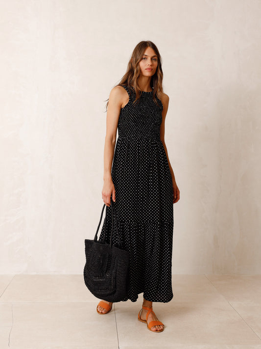 Indi & Cold Two-Tone Midi Dress in Black and White Polka Dot Print - the tartan fox