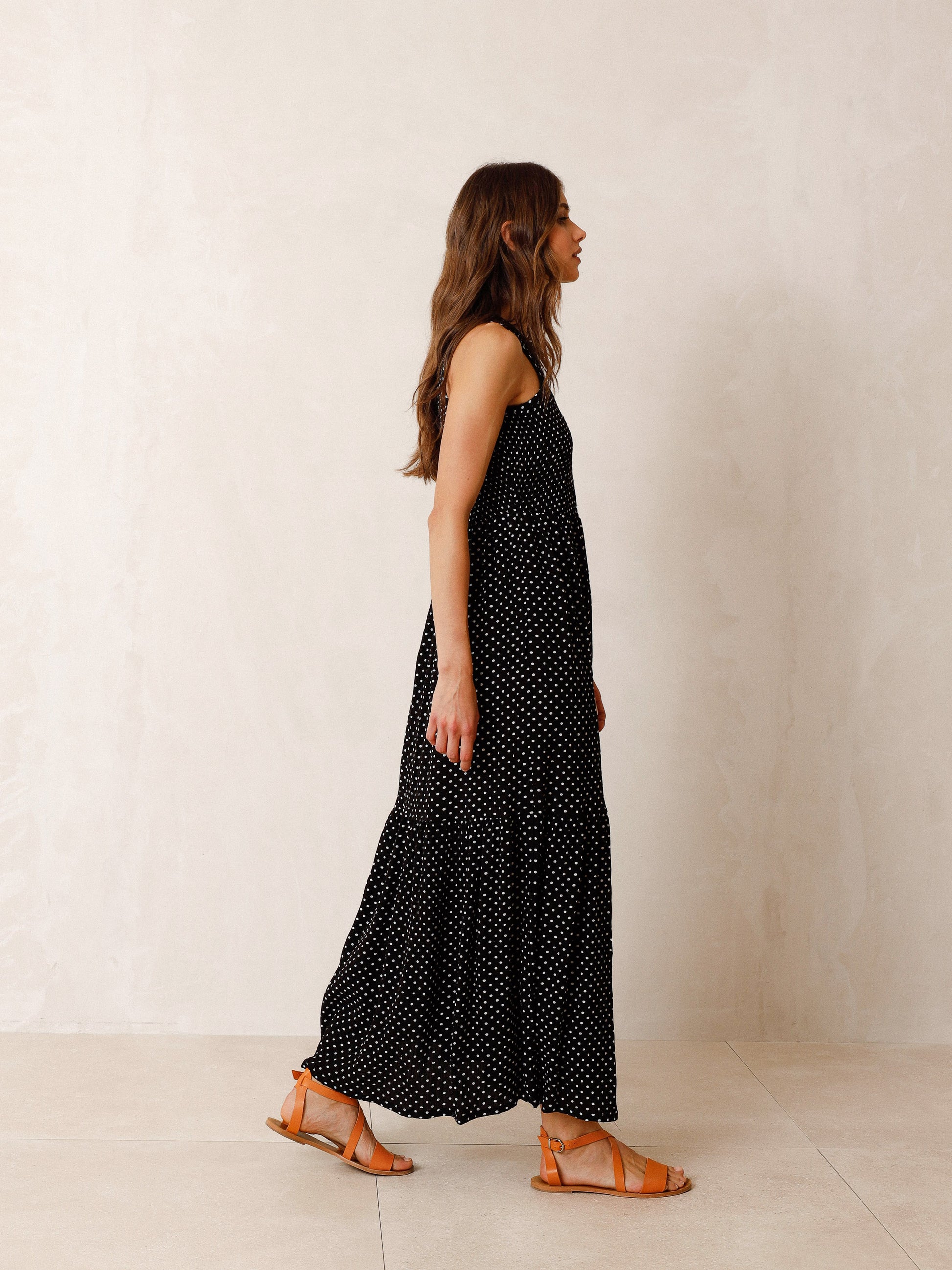 Indi & Cold Two-Tone Midi Dress in Black and White Polka Dot Print - the tartan fox