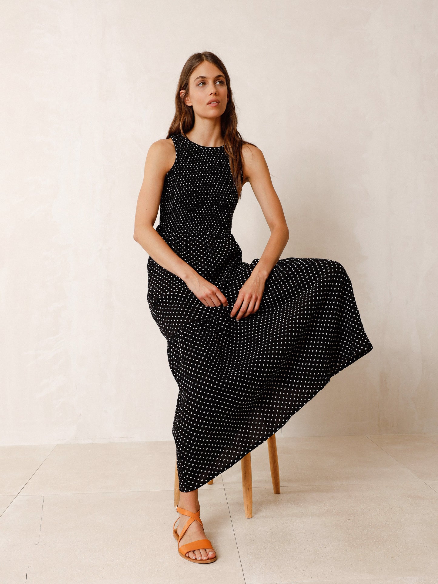 Indi & Cold Two-Tone Midi Dress in Black and White Polka Dot Print - the tartan fox