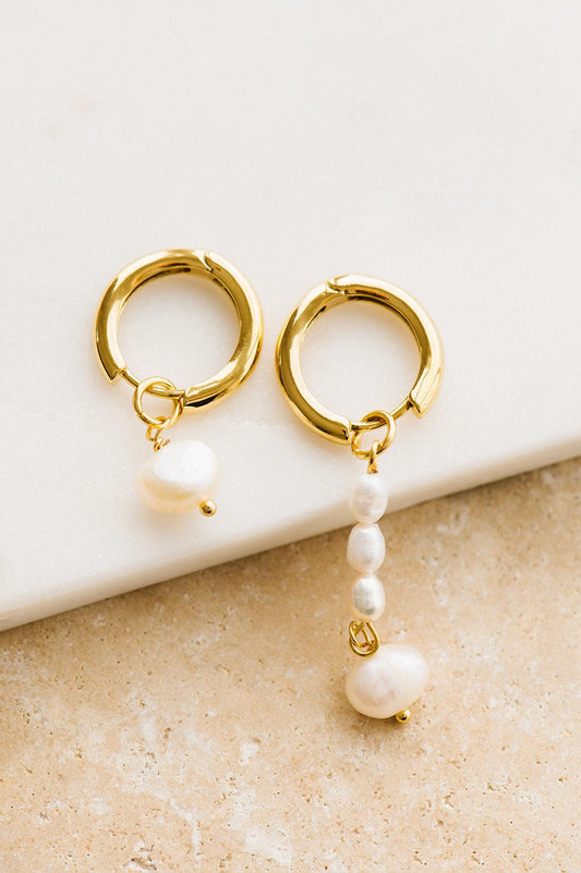 Indigo and Wolfe Aspen Pearl Asymmetrical Yellow Gold Plated Drop Earrings - the tartan fox