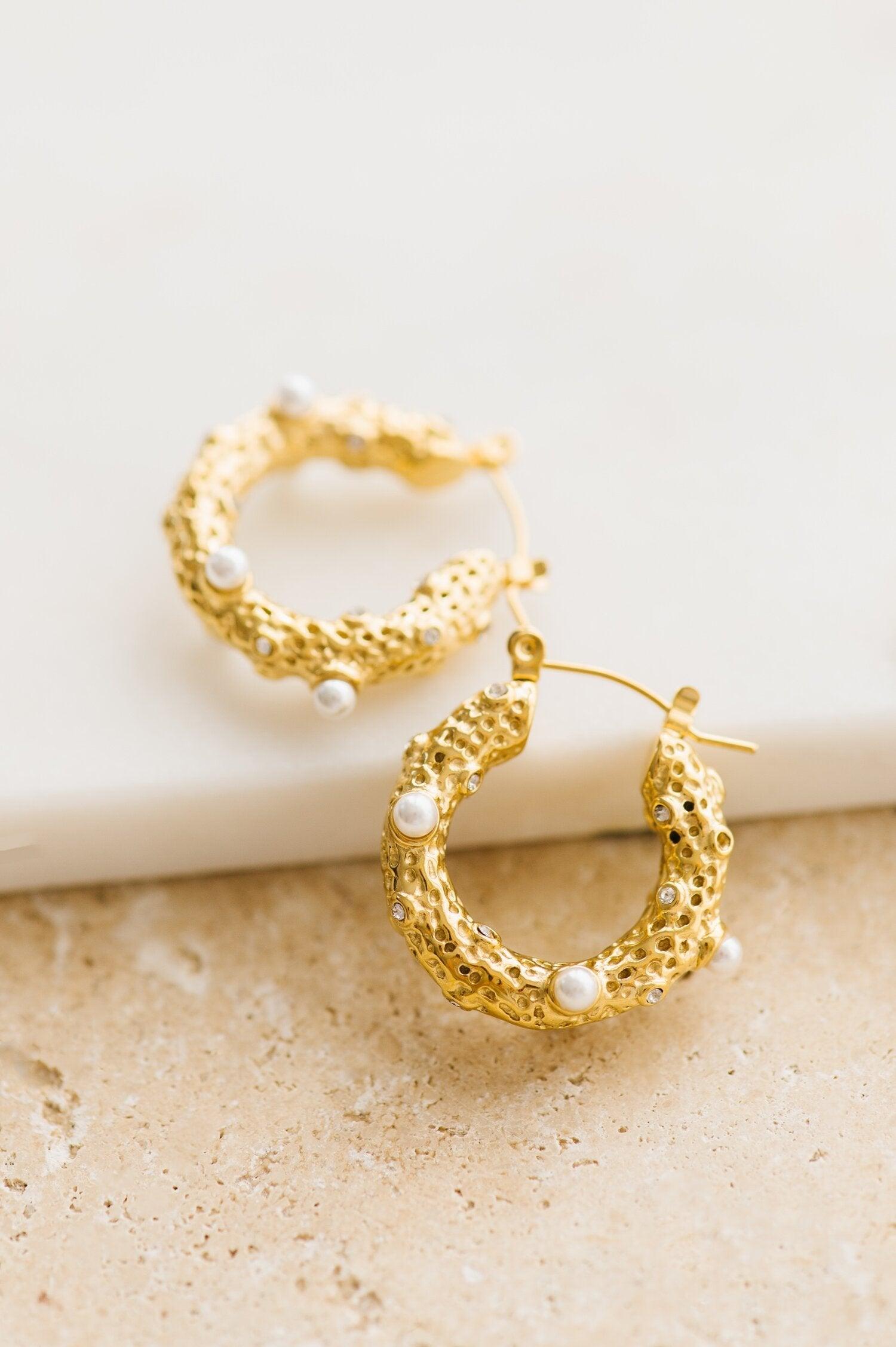 Indigo and Wolfe Aurelia Pearls Diamants Yellow Gold Plated Hoop Earrings - the tartan fox