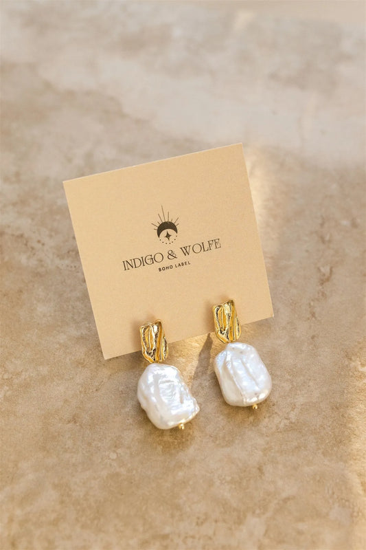 Indigo and Wolfe Noa Baroque Pearl Yellow Gold Plated Sterling Silver Drop Earrings - the tartan fox