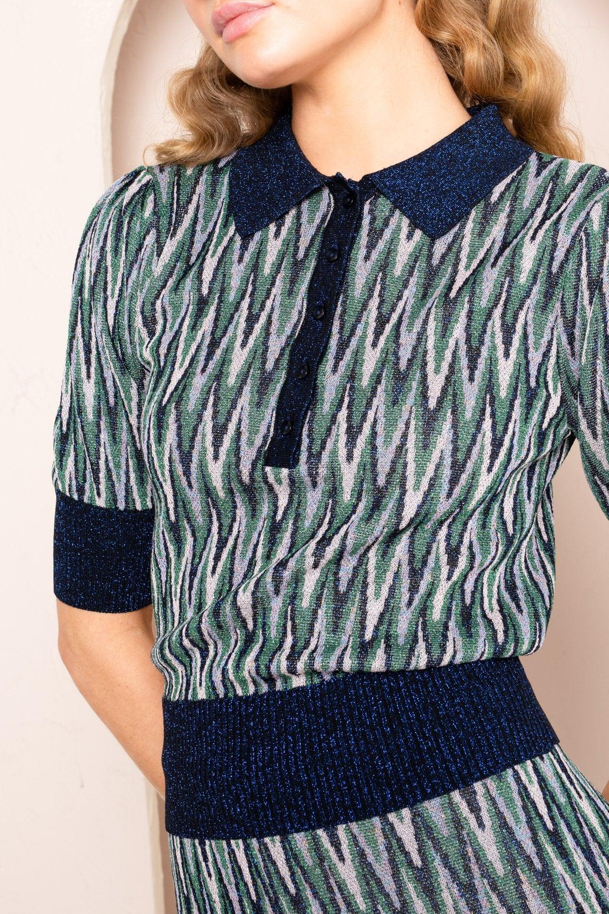 Kachel Constance Polo Knit Top in Azure Glow Zig - the tartan fox