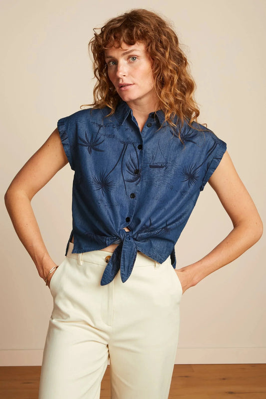 King Louie Knot Blouse Daytrip in Denim Blue - the tartan fox