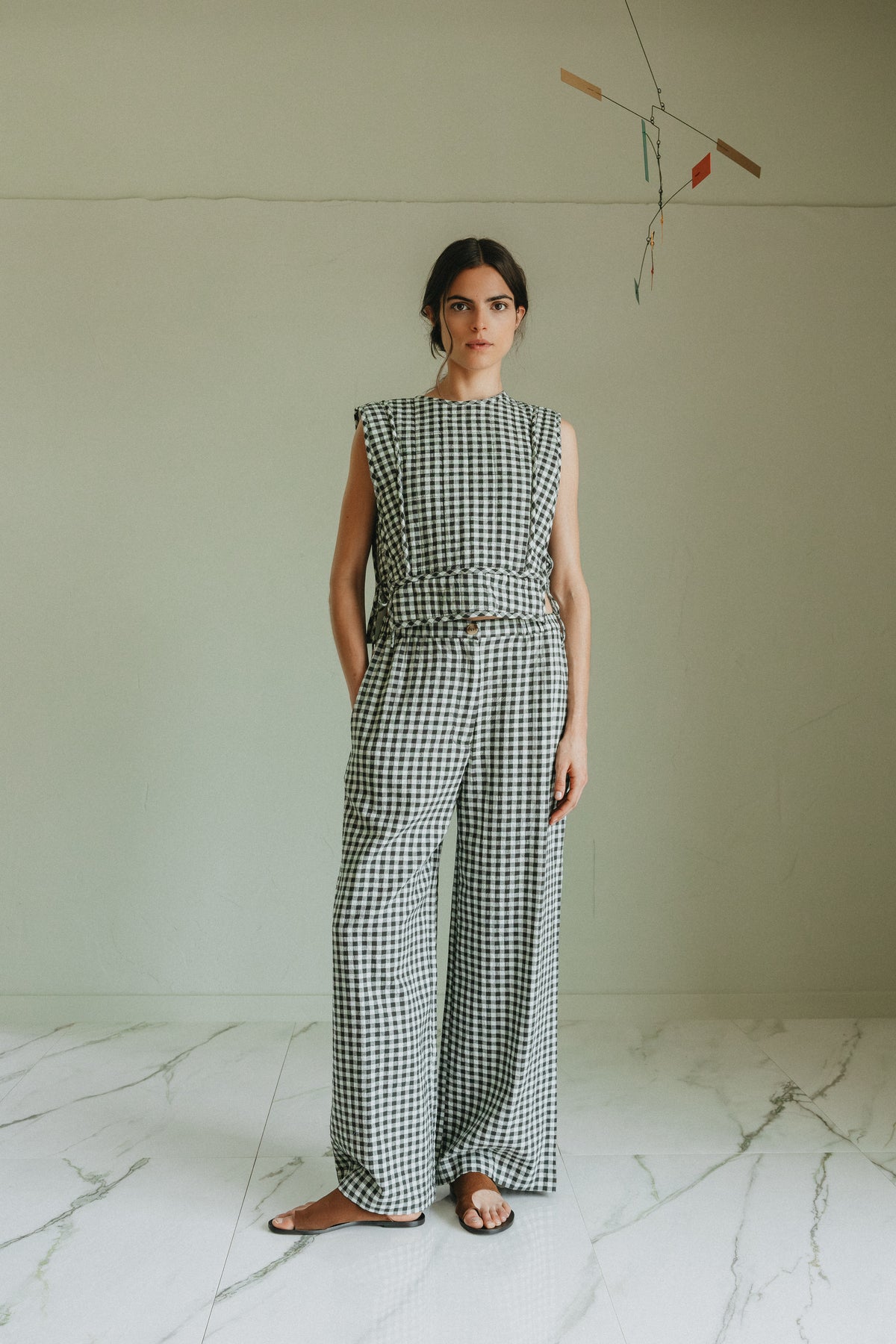 Indi & Cold Elastic Waist Gingham Pant in Menta