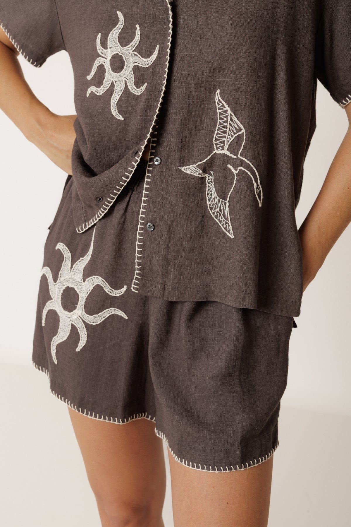 Indi & Cold Handmade Embroidery Shirt in Carbon