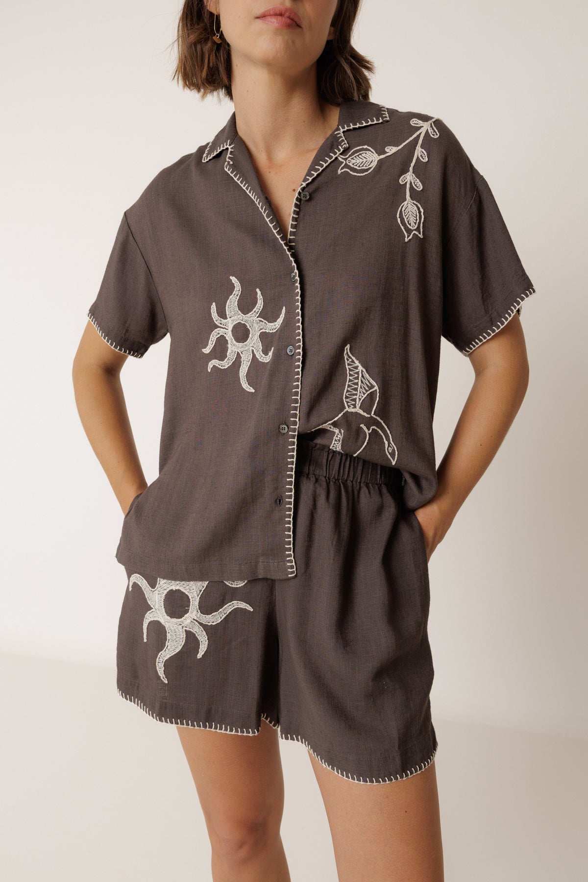 Indi & Cold Handmade Embroidery Shirt in Carbon