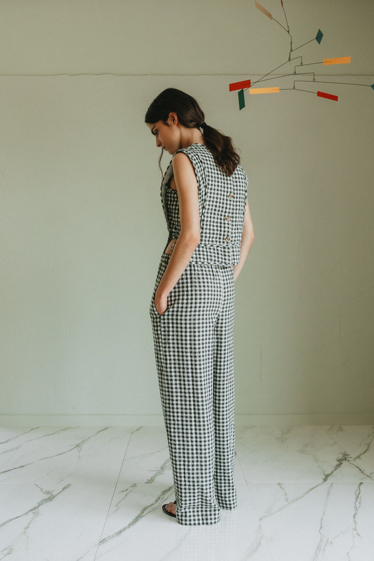 Indi & Cold Elastic Waist Gingham Pant in Menta